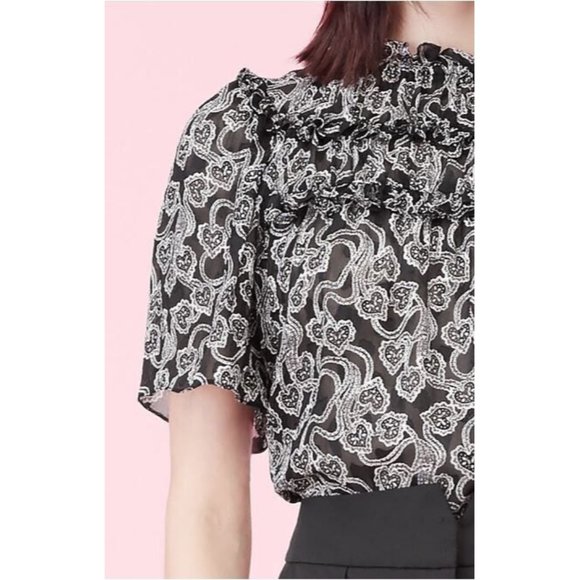 Rebecca Taylor Celia Lace Clip Silk Blend Top In Black Combo Size 10 MSRP $350 - Picture 4 of 8